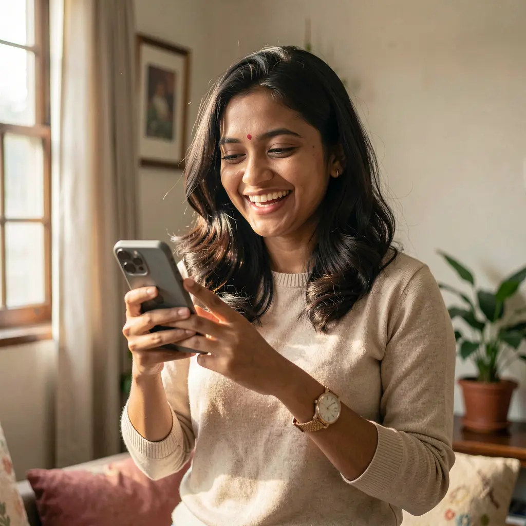 Smiling Bangladeshi woman holding her phone while using the 786JL BET betting app in a relaxed indoor setting