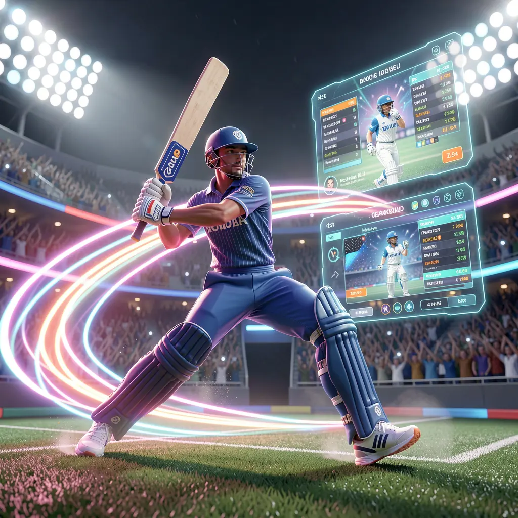 Glowing cricket athlete in motion with digital effects and a futuristic betting interface illustrating premium sports betting on 786JL BET in Bangladesh
