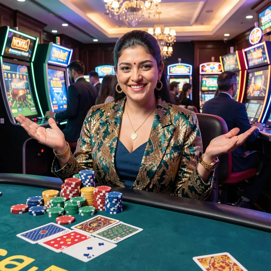 Stylish live casino dealer at a gaming table with poker chips and cards creating an authentic casino experience at 786JL BET for players in Bangladesh
