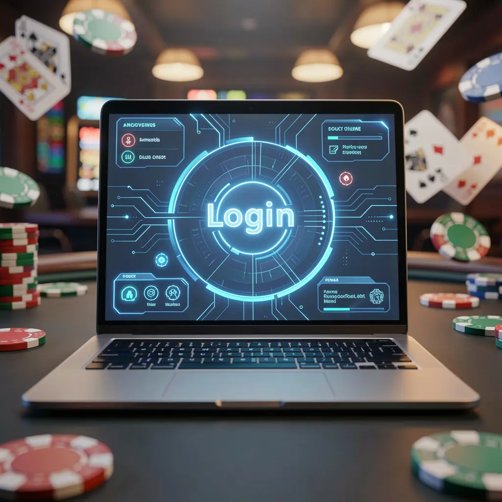 Close up of a laptop login screen with a glowing interface and casino chips blurred behind representing secure access to 786JL BET in Bangladesh